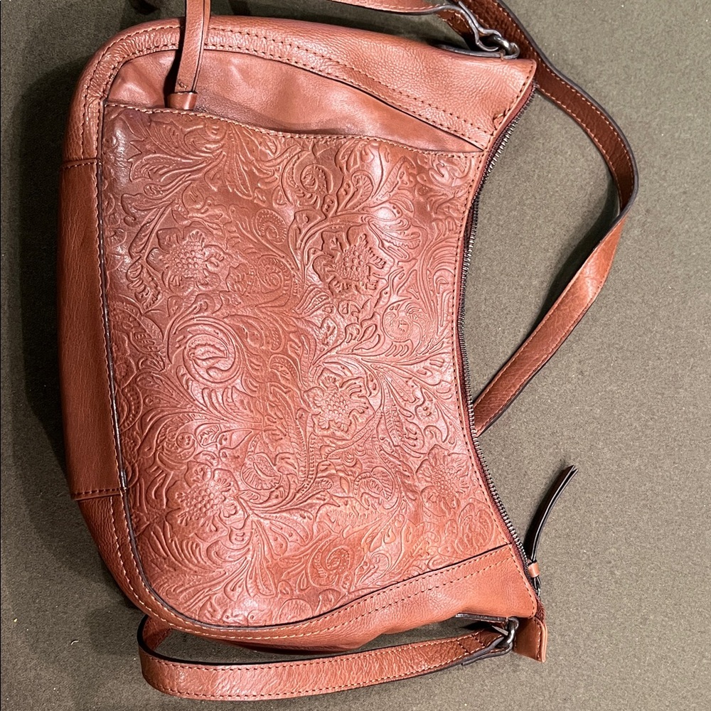 Patricia Nash Embossed Brown Leather Shoulder Bag